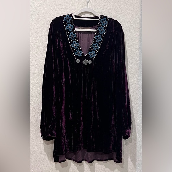 Double D Ranch Tops - Double D Ranch “Ridge Road” Purple Crushed Velvet Beaded Tunic Dress | Size 1X
